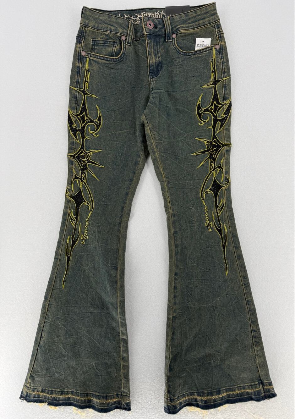 Vitriol Vendora Resurrection Jeans Womens 6 Green Tribal Flare Goth Y2K NWT